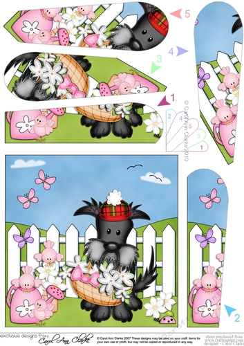 Hamish Scottie Dog has a Bonnet and Basket of Flowers Fan Pyramage Topper