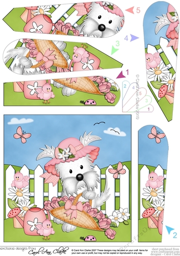 Jess Westie Dog has a Bonnet and Basket of Flowers Fan Pyramage Topper