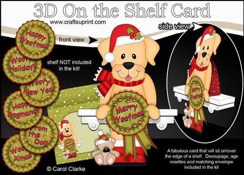 3D On the Shelf Card Kit - Christmas Golden Labrador Dog with Seasonal Greetings Rosettes