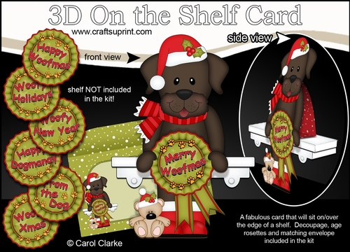 3D On the Shelf Card Kit - Christmas Chocolate Labrador Dog with Seasonal Greetings Rosettes