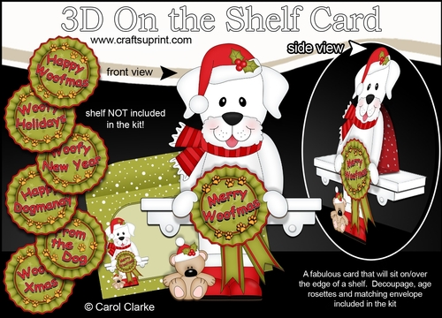 3D On the Shelf Card Kit - Christmas White Labrador Dog with Seasonal Greetings Rosettes