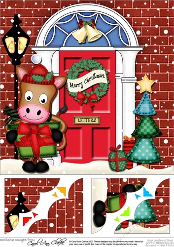 8 x 8 Christmas Door GiGi Horse has a present Scalloped Corner Topper
