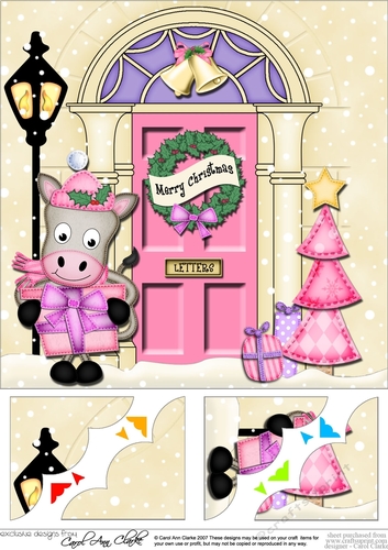 8 x 8 Christmas Door GiGi Horse has a present Scalloped Corner Topper