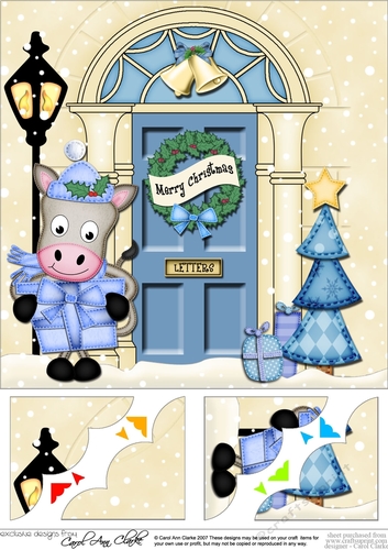 8 x 8 Christmas Door GiGi Horse has a present Scalloped Corner Topper
