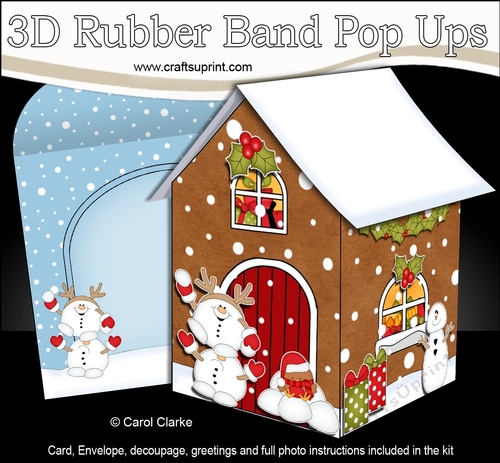 3D Rubber Band Pop Up Christmas Card - Christmas Gingerbread House Snowball Sam has a Snowball Fight