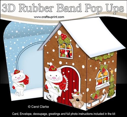 3D Rubber Band Pop Up Christmas Card - Christmas Gingerbread House Little White Cat delivers a Christmas Card