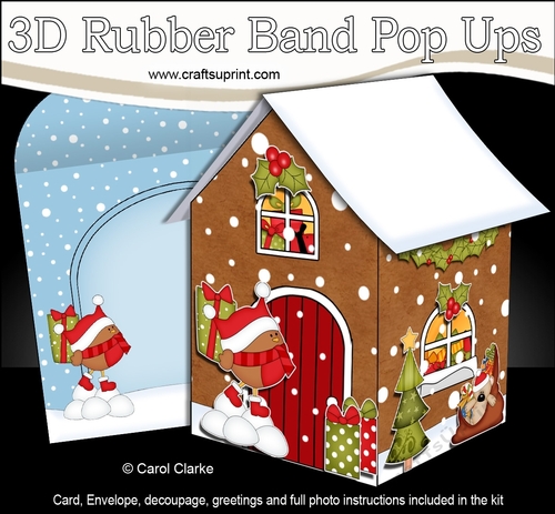 3D Rubber Band Pop Up Christmas Card - Christmas Gingerbread House Bobbin Robin has a Christmas Present