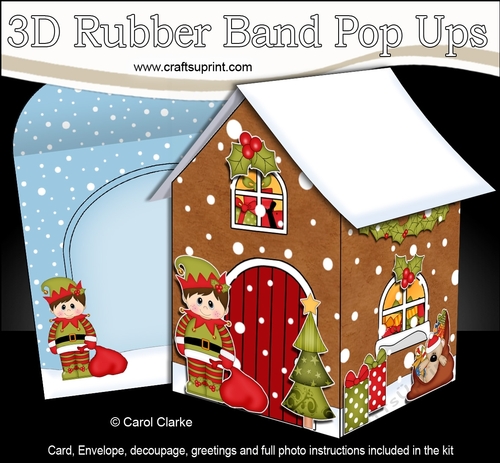 3D Rubber Band Pop Up Christmas Card - Christmas Gingerbread House Little Boy Elf has a Santa Sack