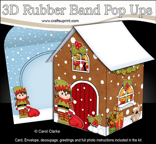 3D Rubber Band Pop Up Christmas Card - Christmas Gingerbread House Little Girl Elf has a Santa Sack 