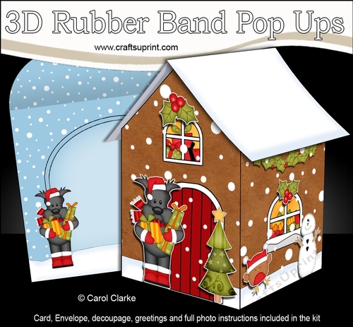 3D Rubber Band Pop Up Christmas Card - Christmas Gingerbread House Hamish Scottie Dog delivers the Presents