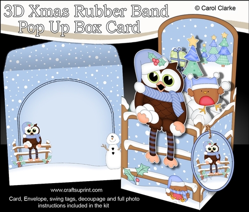3D Christmas Rubber Band Pop Up Box Card - Christmas Little Hoot Owl has a Snowball Fight