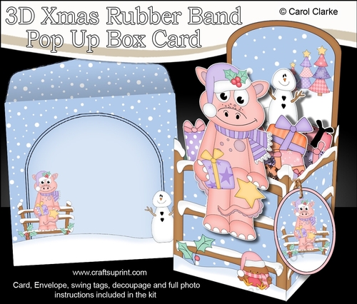 3D Christmas Rubber Band Pop Up Box Card - Cute Little Denise Dinosaur has a Christmas Present