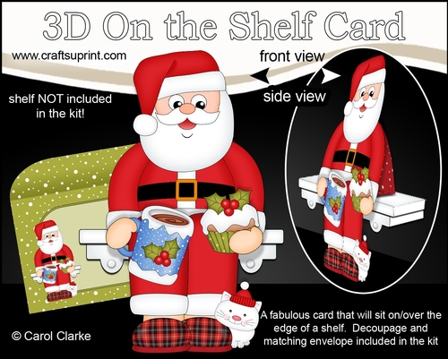 3D On the Shelf Card Kit - Christmas Santa relaxes in his slippers with a Hot Chocolate and Cupcake