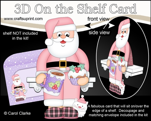 3D On the Shelf Card Kit - Christmas Santa relaxes in his slippers with a Hot Chocolate and Cupcake