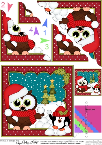 Christmas Little Hoot Owl has a Snowball Fight with Pip Penguin Scallop Corner Topper