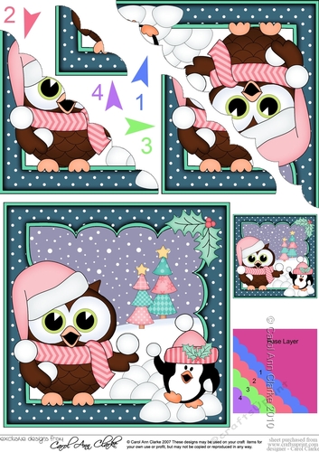 Christmas Little Hoot Owl has a Snowball Fight with Pip Penguin Scallop Corner Topper