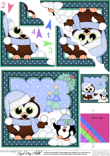 Christmas Little Hoot Owl has a Snowball Fight with Pip Penguin Scallop Corner Topper