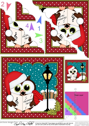 Christmas Little Hoot Owl goes Carol Singing Scallop Corner Topper