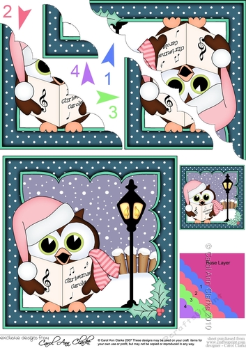 Christmas Little Hoot Owl goes Carol Singing Scallop Corner Topper