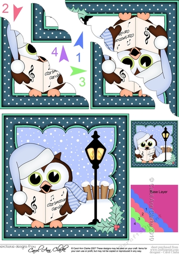 Christmas Little Hoot Owl goes Carol Singing Scallop Corner Topper