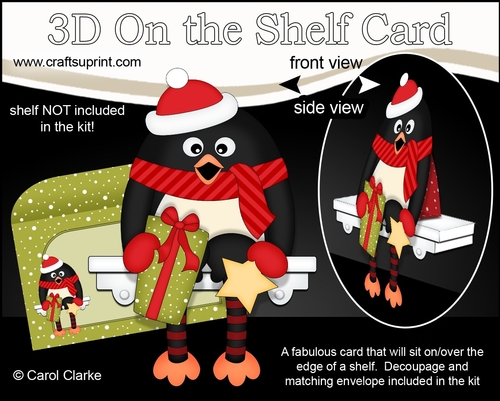 3D On the Shelf Card Kit - Christmas Pip Penguin has a Present and Star