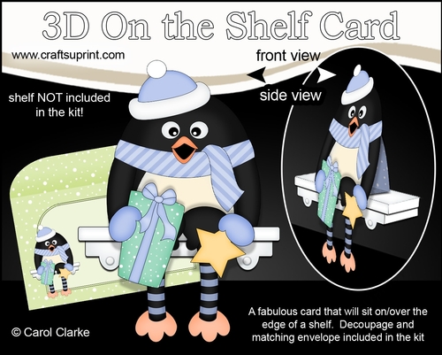 3D On the Shelf Card Kit - Christmas Pip Penguin has a Present and Star
