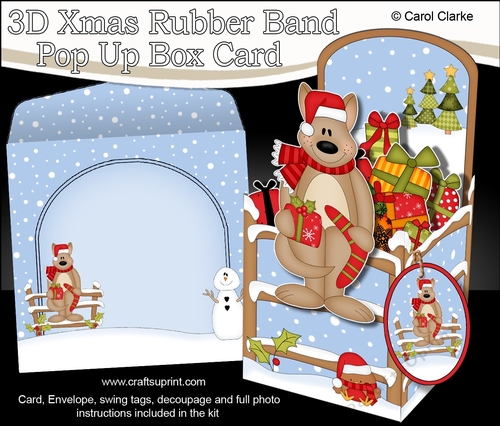 3D Christmas Rubber Band Pop Up Box Card - Cute Little Kangaroo has a Christmas Present