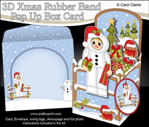 3D Christmas Rubber Band Pop Up Box Card - Christmas Fancy Dress Snowman