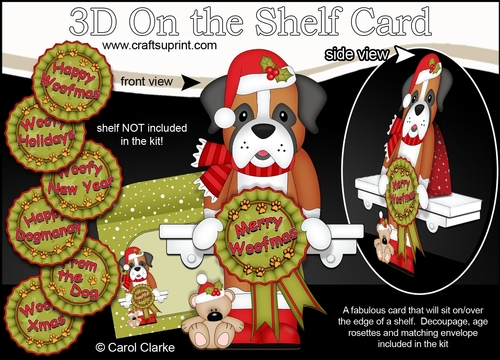 3D On the Shelf Card Kit - Christmas Boxer Dog with Seasonal Greetings Rosettes