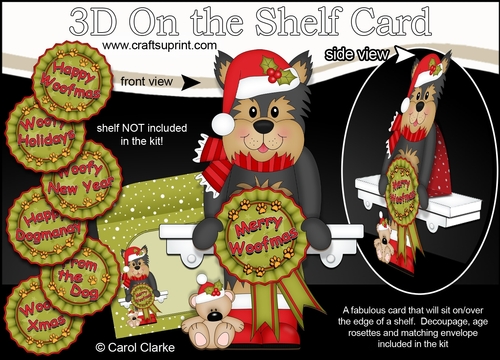 3D On the Shelf Card Kit - Christmas Yorkie Dog with Seasonal Greetings Rosettes