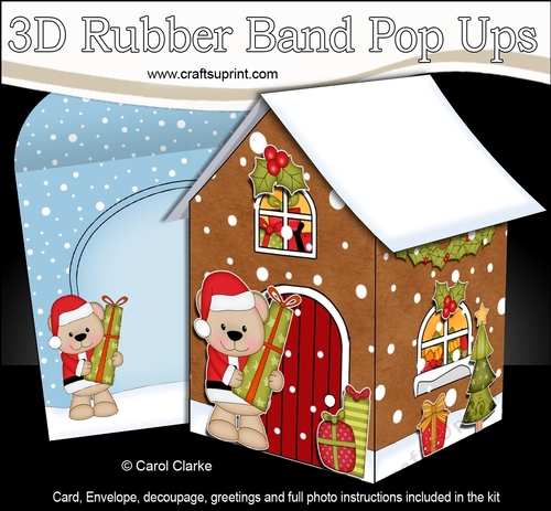 3D Rubber Band Pop Up Christmas Card - Livvy Bear brings a Present to the Christmas Gingerbread House