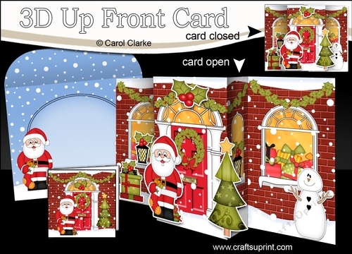 3D Christmas Up Front Card -  Santa brings a Christmas Stocking to the Christmas House