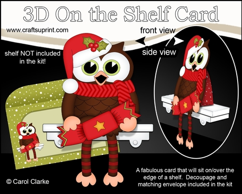 3D On the Shelf Card Kit - Christmas Little Hoot Owl has a Christmas Cracker