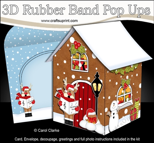 3D Rubber Band Pop Up Christmas Card - Rudolph goes Carol Singing at the Christmas Gingerbread House 