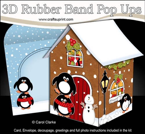 3D Rubber Band Pop Up Christmas Card - Penguins are having fun at the Christmas Gingerbread House