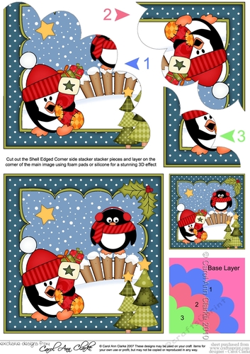Christmas Pip Penguin has a Christmas Stocking Shell Edged Corner side stacker