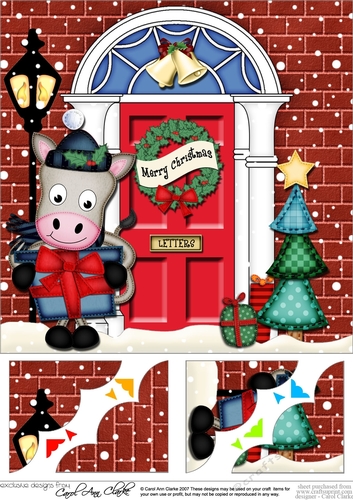 8 x 8 Christmas Door GiGi Horse has a present Scalloped Corner Topper