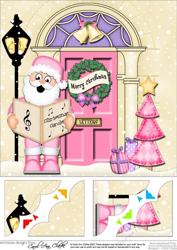 8 x 8 Christmas Door Santa is Carol Singingt Scalloped Corner Topper