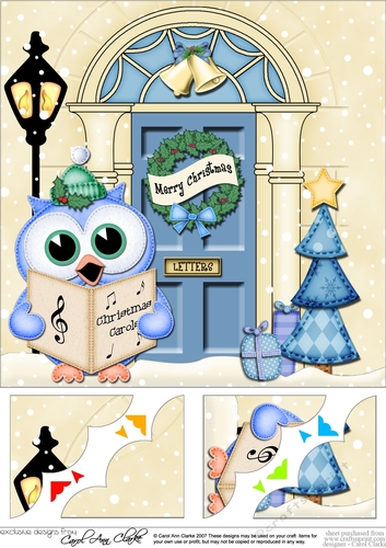 8 x 8 Christmas Door Little Hoot Owl is Carol Singingt Scalloped Corner Topper