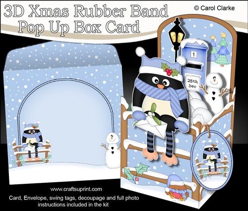3D Christmas Rubber Band Pop Up Box Card - Christmas Pip Penguin Posts a Letter to Santa