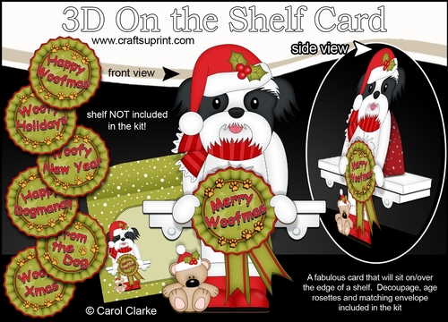 3D On the Shelf Card Kit - Christmas Shih Tzu Dog with Seasonal Greetings Rosettes