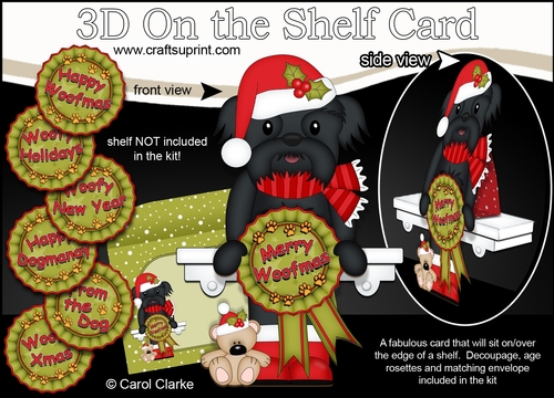 3D On the Shelf Card Kit - Christmas Shih Tzu Dog with Seasonal Greetings Rosettes