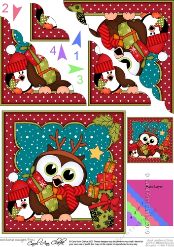 Christmas Little Hoot Owl and Pip Penguin deliveer lots of Christmas Presents Scallop Corner Topper
