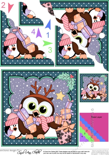 Christmas Little Hoot Owl and Pip Penguin deliveer lots of Christmas Presents Scallop Corner Topper