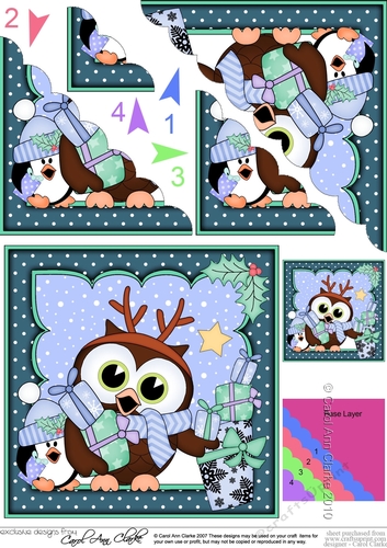 Christmas Little Hoot Owl and Pip Penguin deliveer lots of Christmas Presents Scallop Corner Topper