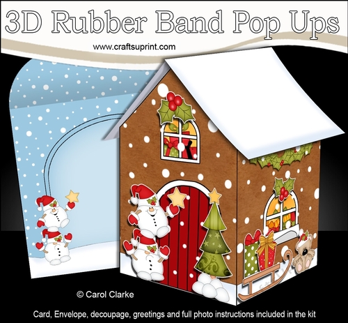 3D Rubber Band Pop Up Christmas Card - Snowball Sam & Friends are having fun at the Christmas Gingerbread House 