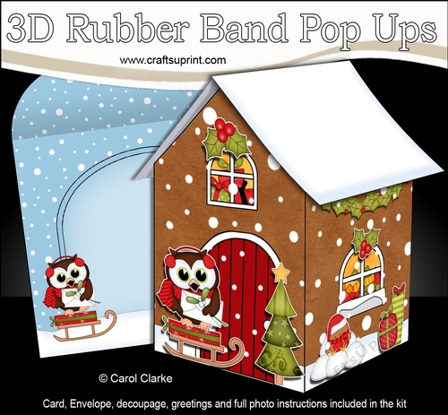 3D Rubber Band Pop Up Christmas Card - Little Hoot Owl delivers a card to the Christmas Gingerbread House 