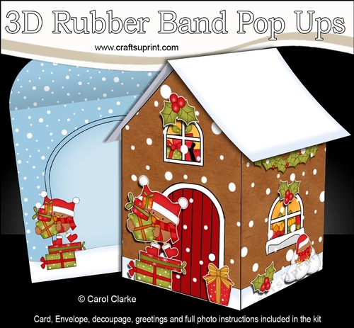 3D Rubber Band Pop Up Christmas Card - Bobbin Robin brings lots of Presents to the Christmas Gingerbread House