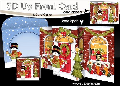 3D Christmas Up Front Card -  Snowman Rio delivers Presents to the Christmas House