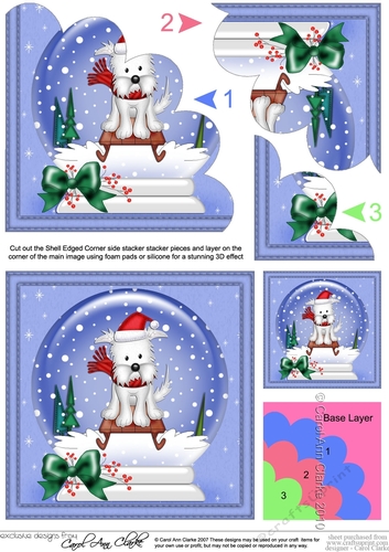 Christmas Snowglobe Jock Westie Dog goes Sledging Shell Edged Corner Stacker